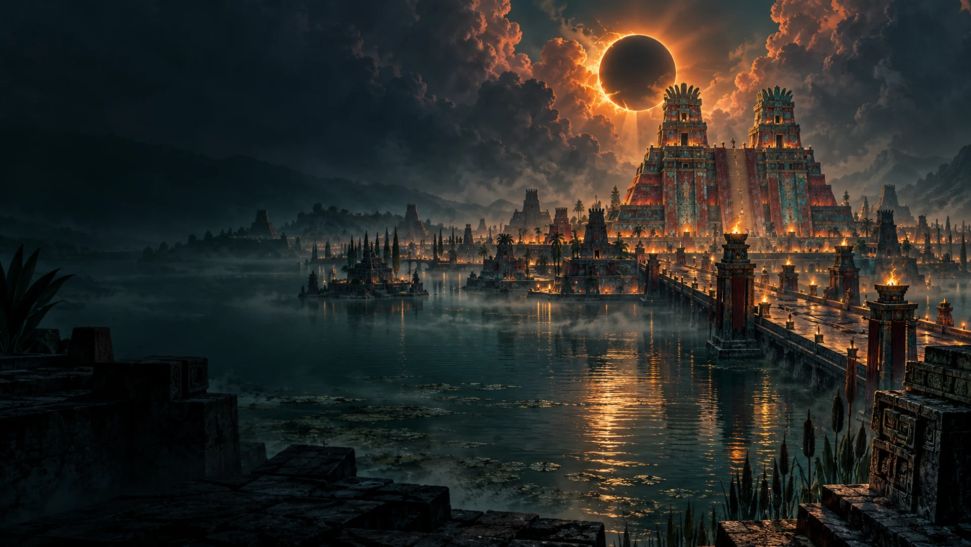 Tenochtitlan de fantasía, entre canales y templos bajo un eclipse